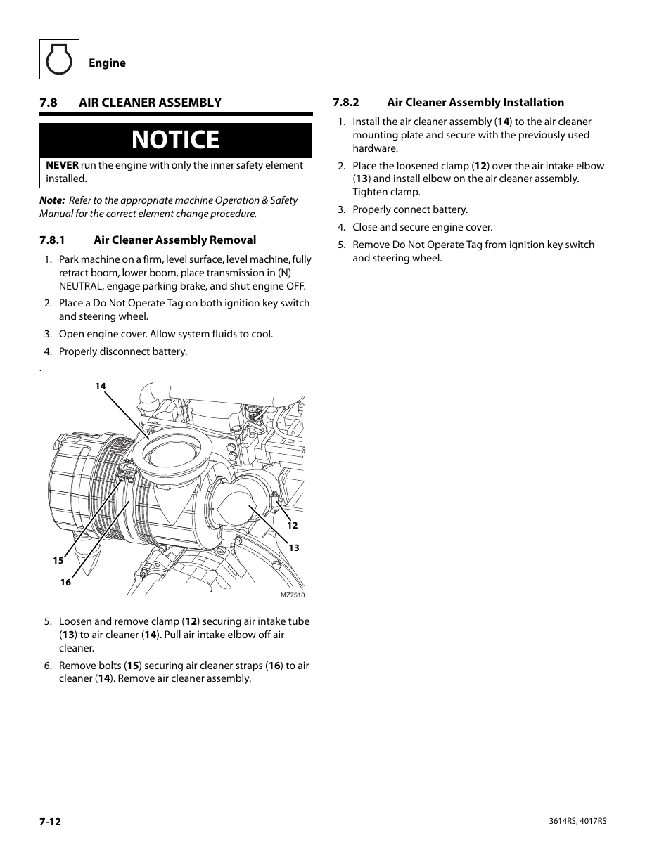8 air cleaner assembly, 1 air cleaner assembly removal, 2 air cleaner assembly installation | Air cleaner assembly, Air cleaner assembly removal, Air cleaner assembly installation, Notice | JLG 4017RS Service Manual User Manual | Page 126 / 204