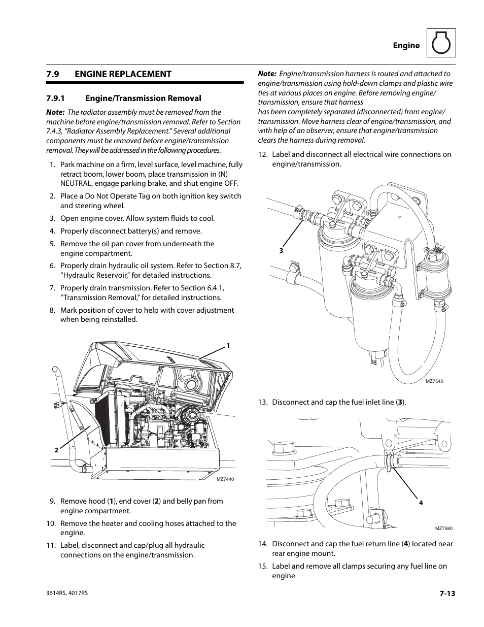 9 engine replacement, 1 engine/transmission removal, Engine replacement | Section 7.9, “engine replacement,” f, Engine/transmission removal | JLG 4017RS Service Manual User Manual | Page 127 / 204