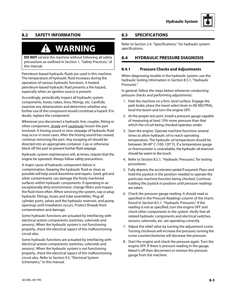 2 safety information, 3 specifications, 4 hydraulic pressure diagnosis | 1 pressure checks and adjustments, Safety information, Specifications, Hydraulic pressure diagnosis, Pressure checks and adjustments, Warning | JLG 4017RS Service Manual User Manual | Page 133 / 204