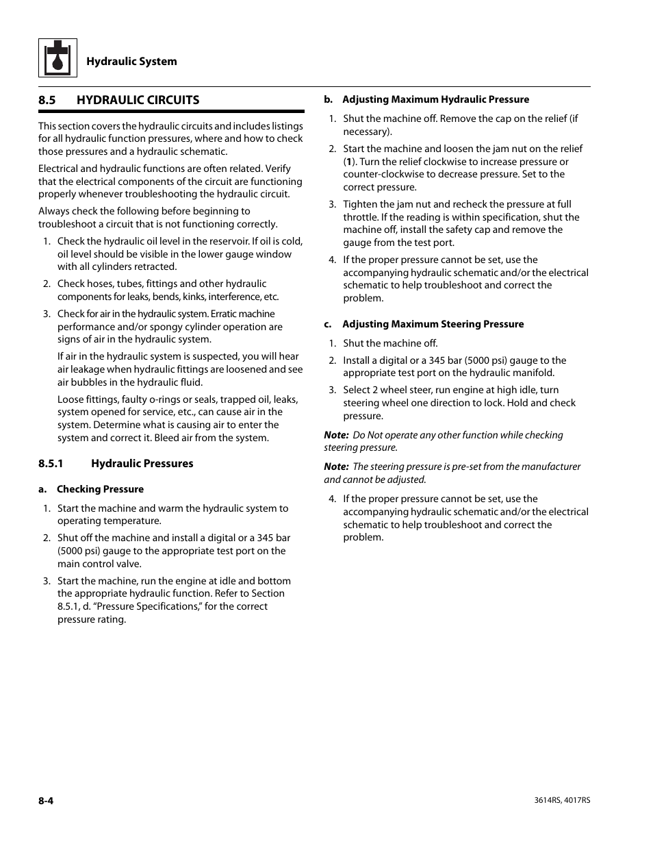 5 hydraulic circuits, 1 hydraulic pressures, Hydraulic circuits | Section 8.5, “hydraulic, Circuits, Hydraulic pressures, Section 8.5.1, “hydraulic pressures, Section 8.5.1, “hydraulic pressures,” f | JLG 4017RS Service Manual User Manual | Page 134 / 204