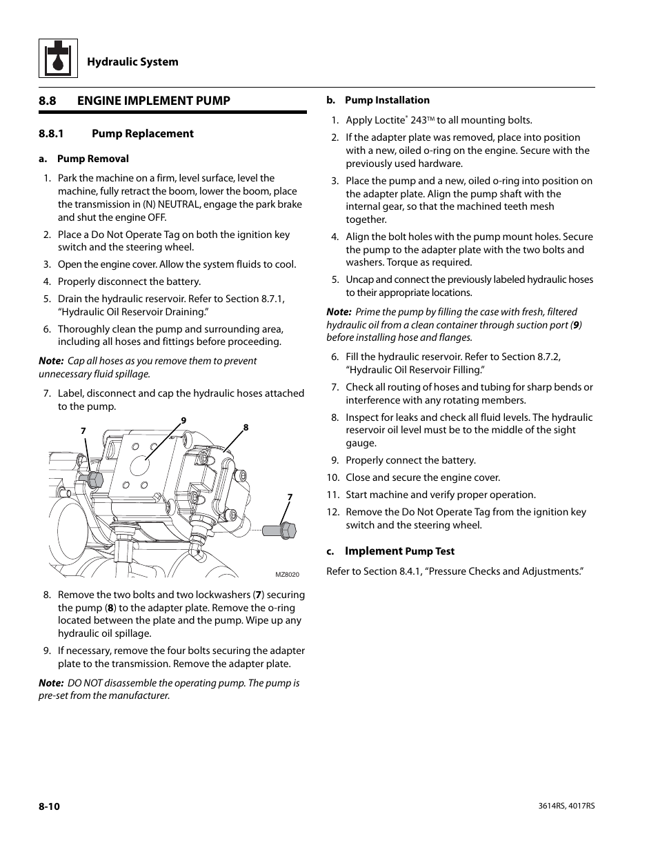 8 engine implement pump, 1 pump replacement, Engine implement pump | Section 8.8.1, “pump replacement, R to section 8.8.1, “pump, Replacement, Pump replacement | JLG 4017RS Service Manual User Manual | Page 140 / 204