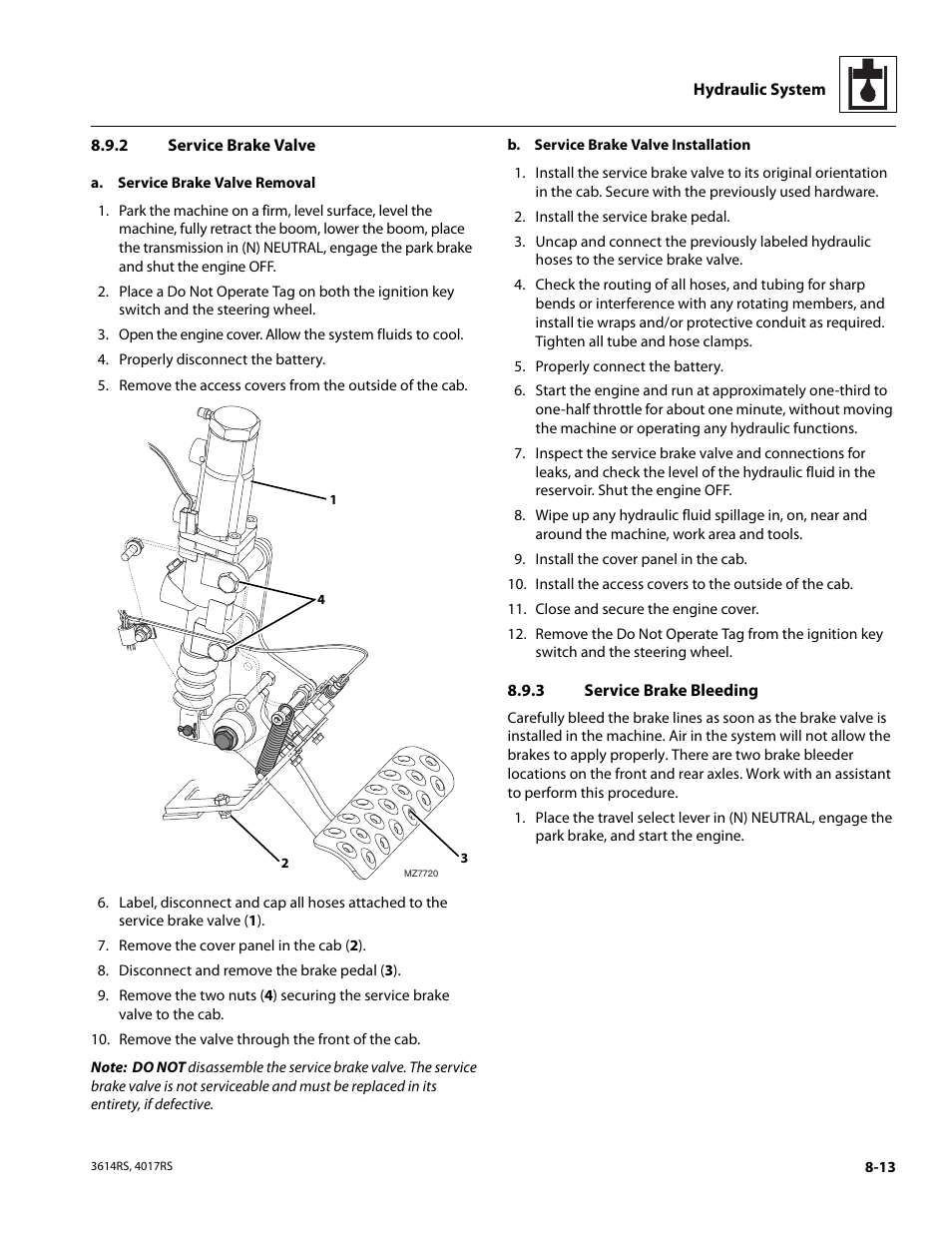 2 service brake valve, 3 service brake bleeding, To section 8.9.3, “service brake bleeding | Section 8.9.3, “service, Brake bleeding, Service brake valve, Service brake bleeding | JLG 4017RS Service Manual User Manual | Page 143 / 204