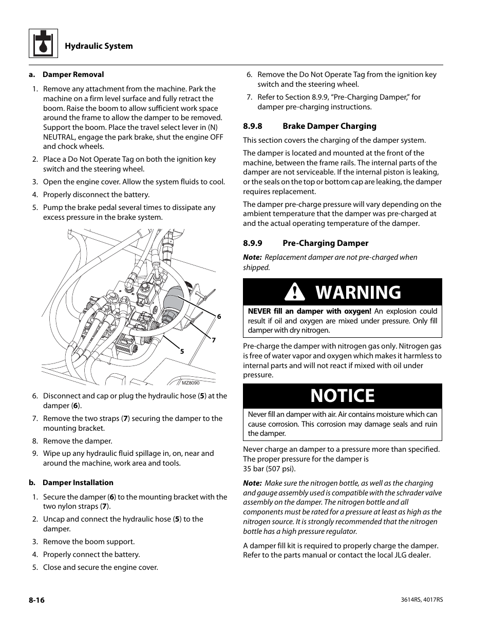 8 brake damper charging, 9 pre-charging damper, Brake damper charging | Pre-charging damper, Warning, Notice | JLG 4017RS Service Manual User Manual | Page 146 / 204