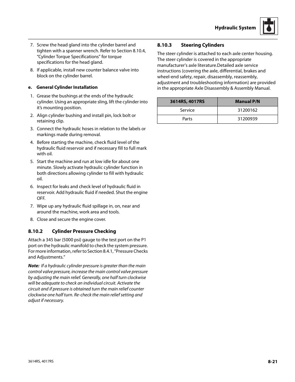 2 cylinder pressure checking, 3 steering cylinders, Cylinder pressure checking | Steering cylinders | JLG 4017RS Service Manual User Manual | Page 151 / 204