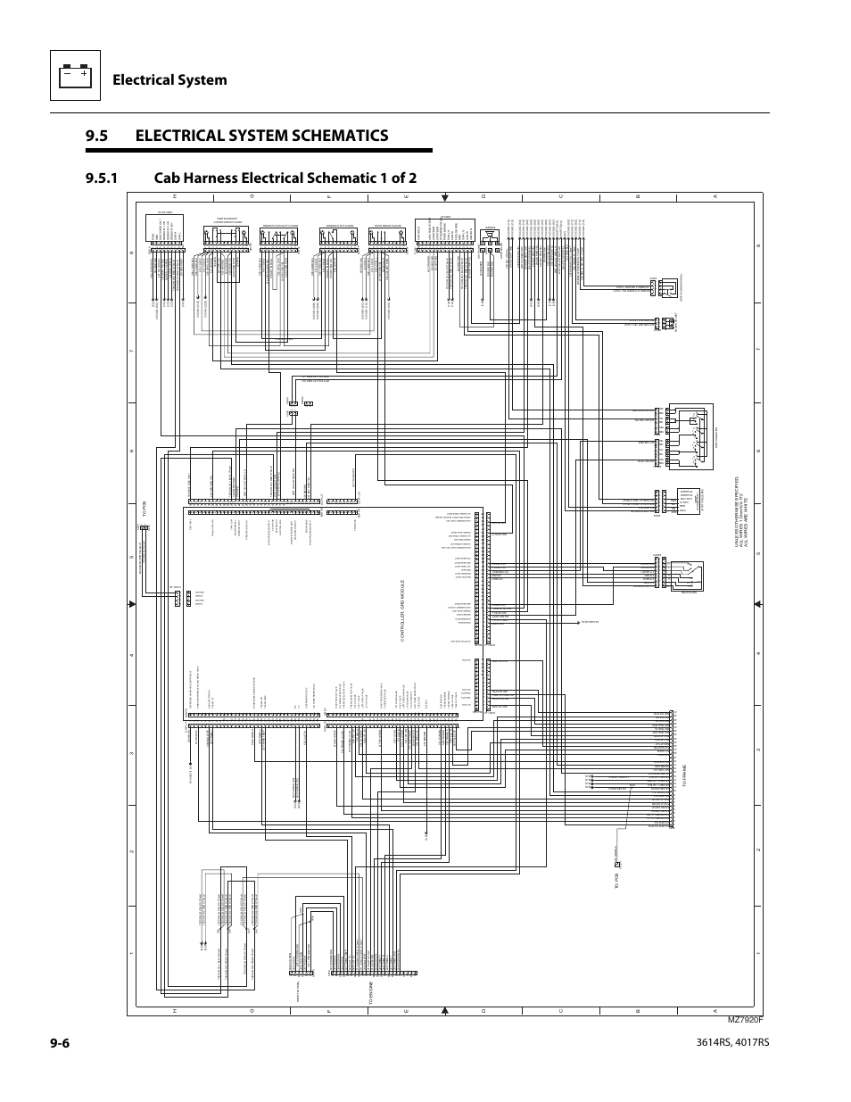 5 electrical system schematics, 1 cab harness electrical schematic 1 of 2, Electrical system schematics | To section 9.5, “electrical system schematics.” th, Cab harness electrical schematic 1 of 2, Electrical system, Mz7920f | JLG 4017RS Service Manual User Manual | Page 158 / 204