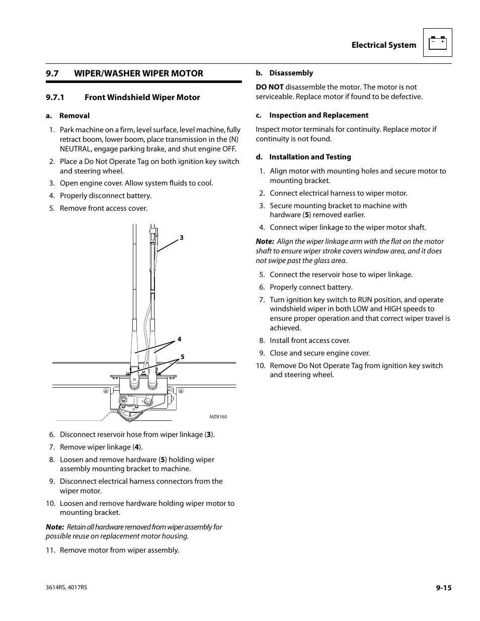 7 wiper/washer wiper motor, 1 front windshield wiper motor, Wiper/washer wiper motor | Front windshield wiper motor | JLG 4017RS Service Manual User Manual | Page 167 / 204