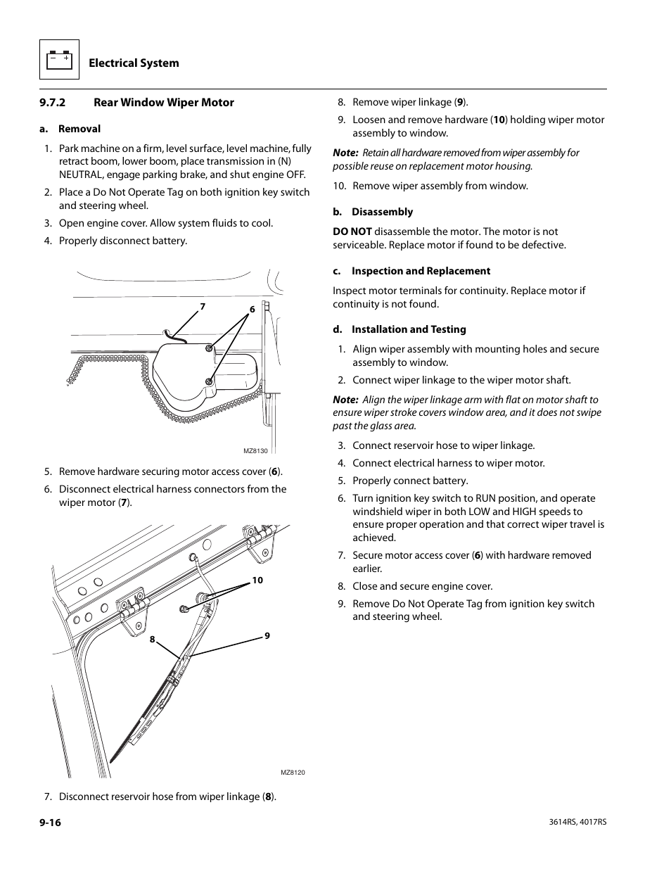 2 rear window wiper motor, Rear window wiper motor | JLG 4017RS Service Manual User Manual | Page 168 / 204