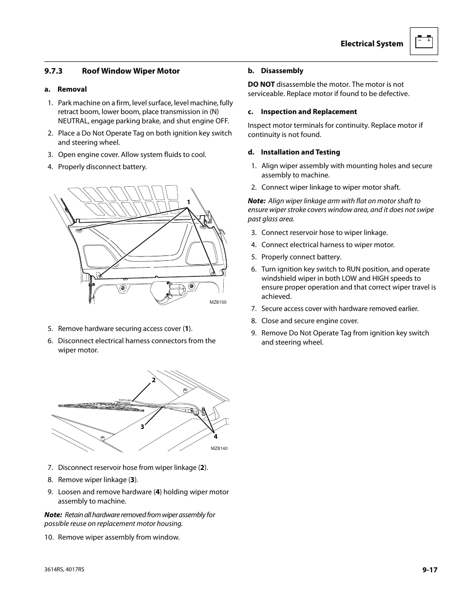 3 roof window wiper motor, Roof window wiper motor | JLG 4017RS Service Manual User Manual | Page 169 / 204