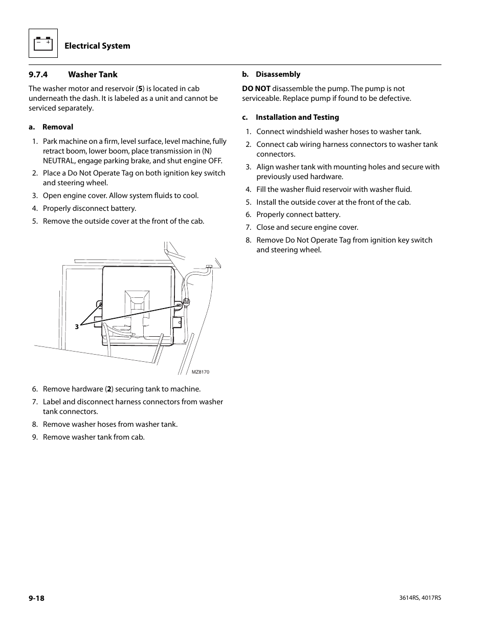 4 washer tank, Washer tank | JLG 4017RS Service Manual User Manual | Page 170 / 204