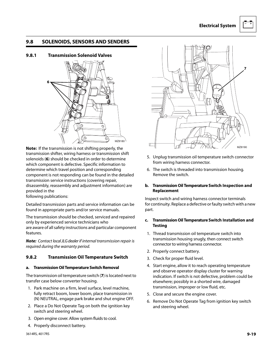 8 solenoids, sensors and senders, 1 transmission solenoid valves, 2 transmission oil temperature switch | Solenoids, sensors and senders, Solenoids, sensors and senders -19 9.8.1, Transmission solenoid valves, Transmission oil temperature switch | JLG 4017RS Service Manual User Manual | Page 171 / 204