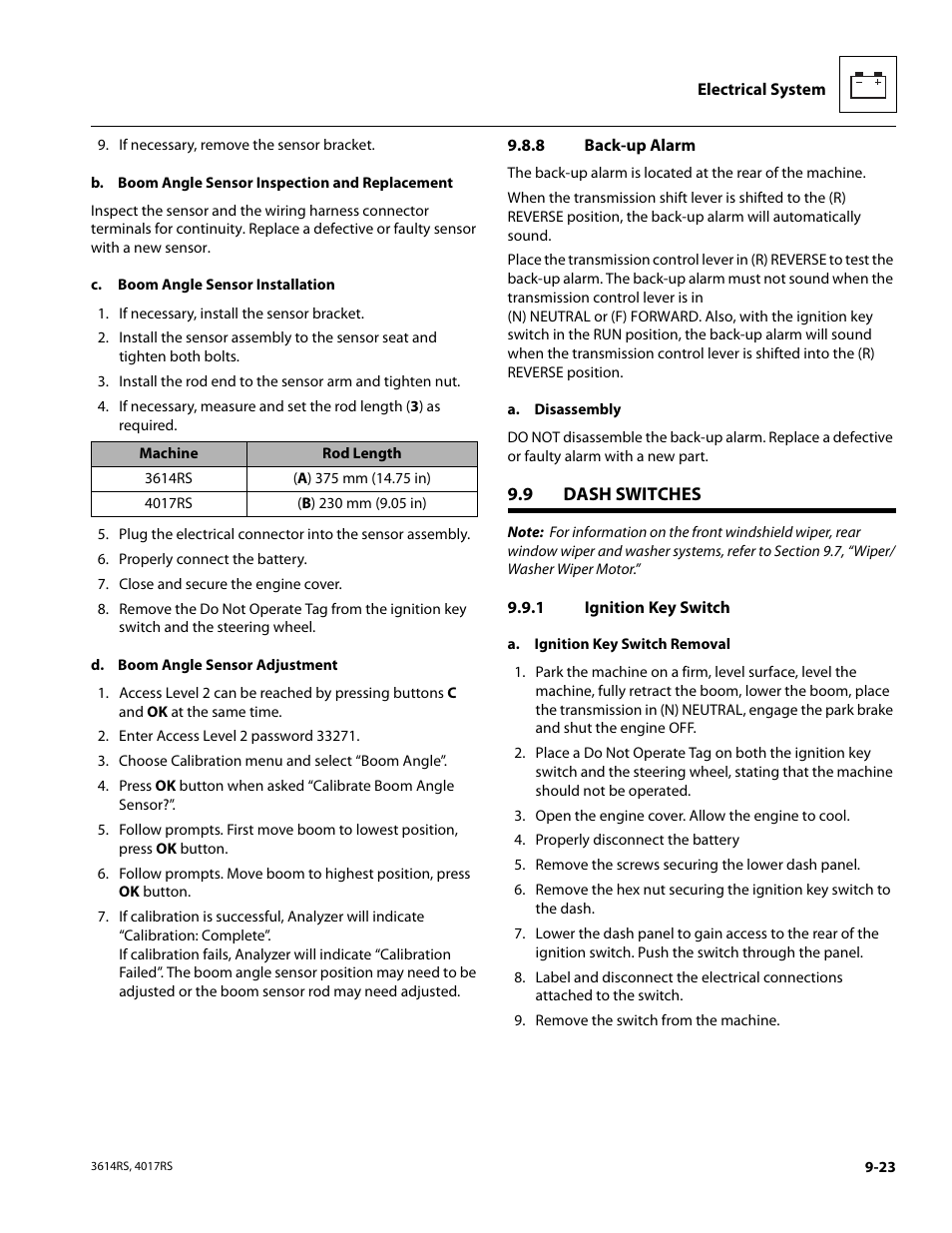 8 back-up alarm, 9 dash switches, 1 ignition key switch | Dash switches, Back-up alarm, Ignition key switch | JLG 4017RS Service Manual User Manual | Page 175 / 204