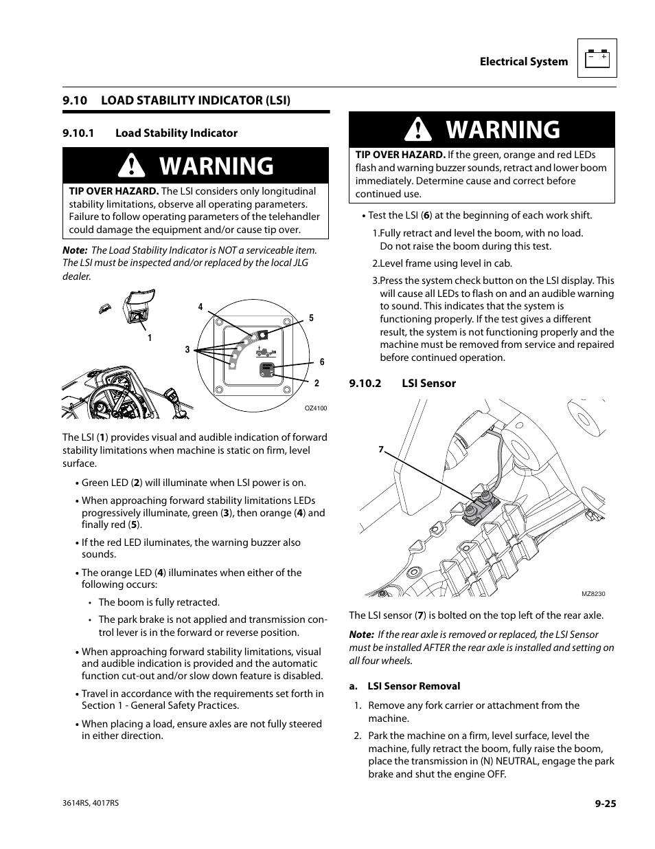 10 load stability indicator (lsi), 1 load stability indicator, 2 lsi sensor | Load stability indicator (lsi), Load stability indicator, Lsi sensor, Warning | JLG 4017RS Service Manual User Manual | Page 177 / 204