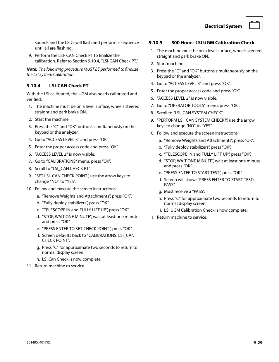 4 lsi-can check pt, 5 500 hour - lsi ugm calibration check, Lsi-can check pt | 500 hour - lsi ugm calibration check | JLG 4017RS Service Manual User Manual | Page 181 / 204