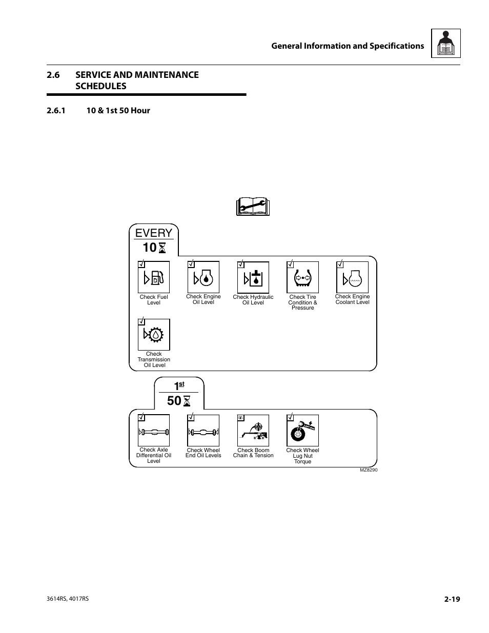 6 service and maintenance schedules, 1 10 & 1st 50 hour, Service and maintenance schedules | 10 & 1st 50 hour, Every, General information and specifications | JLG 4017RS Service Manual User Manual | Page 33 / 204