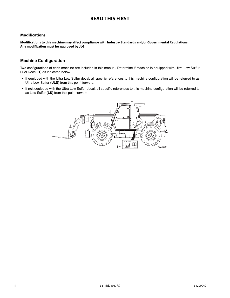 Read this first, Modifications, Machine configuration | JLG 4017RS Service Manual User Manual | Page 4 / 204