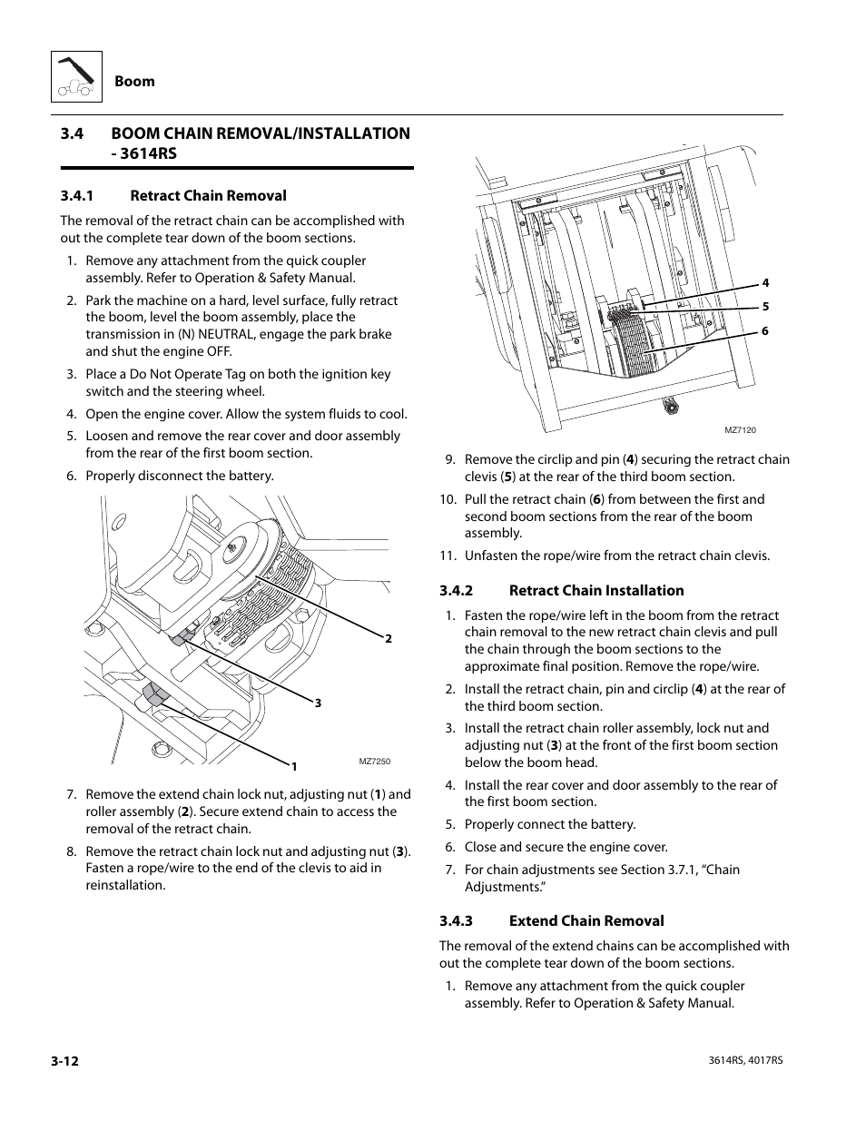 4 boom chain removal/installation - 3614rs, 1 retract chain removal, 2 retract chain installation | 3 extend chain removal, Boom chain removal/installation - 3614rs, Retract chain removal, Retract chain installation, Extend chain removal | JLG 4017RS Service Manual User Manual | Page 52 / 204