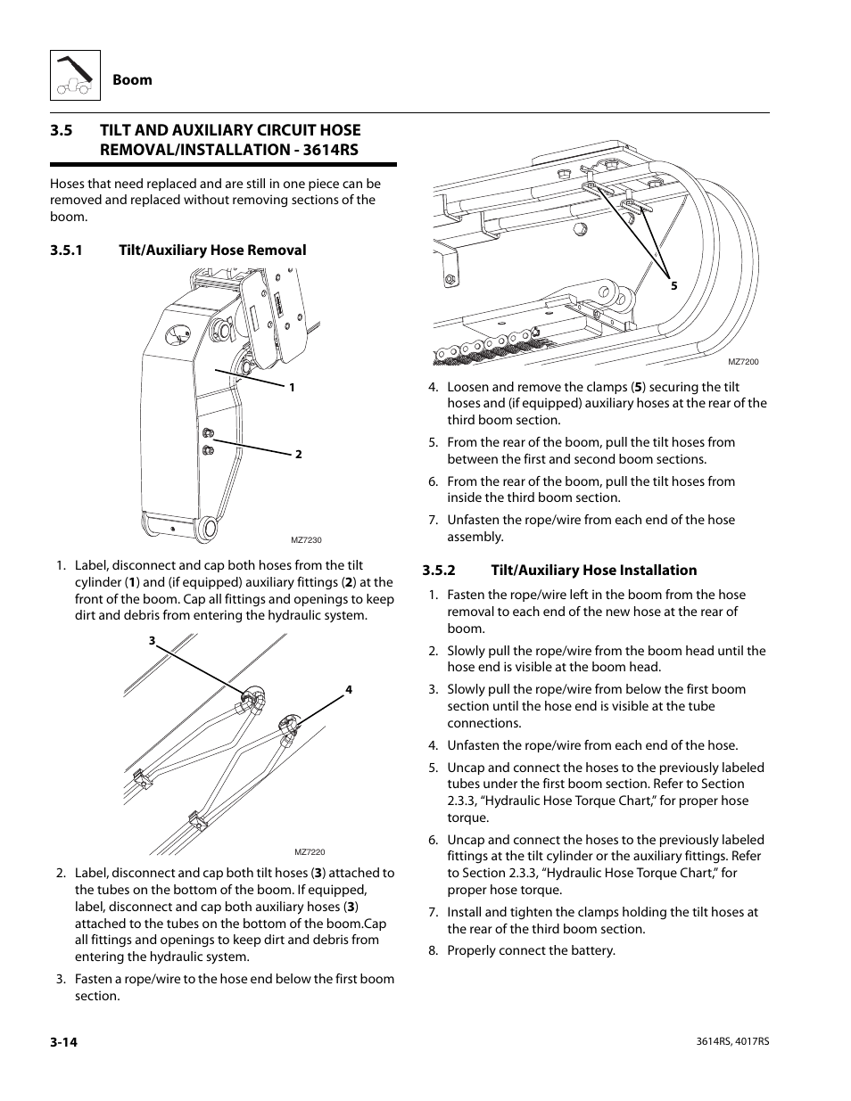 1 tilt/auxiliary hose removal, 2 tilt/auxiliary hose installation, Tilt/auxiliary hose removal -14 | Tilt/auxiliary hose installation -14 | JLG 4017RS Service Manual User Manual | Page 54 / 204