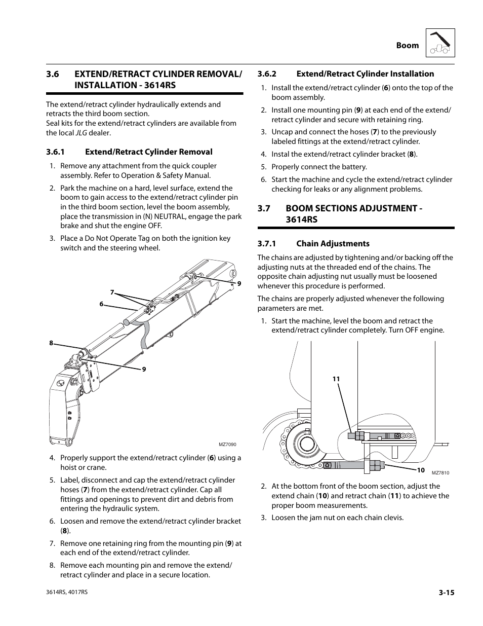 1 extend/retract cylinder removal, 2 extend/retract cylinder installation, 7 boom sections adjustment - 3614rs | 1 chain adjustments, Boom sections adjustment - 3614rs, Extend/retract cylinder removal, Extend/retract cylinder installation, Chain adjustments | JLG 4017RS Service Manual User Manual | Page 55 / 204