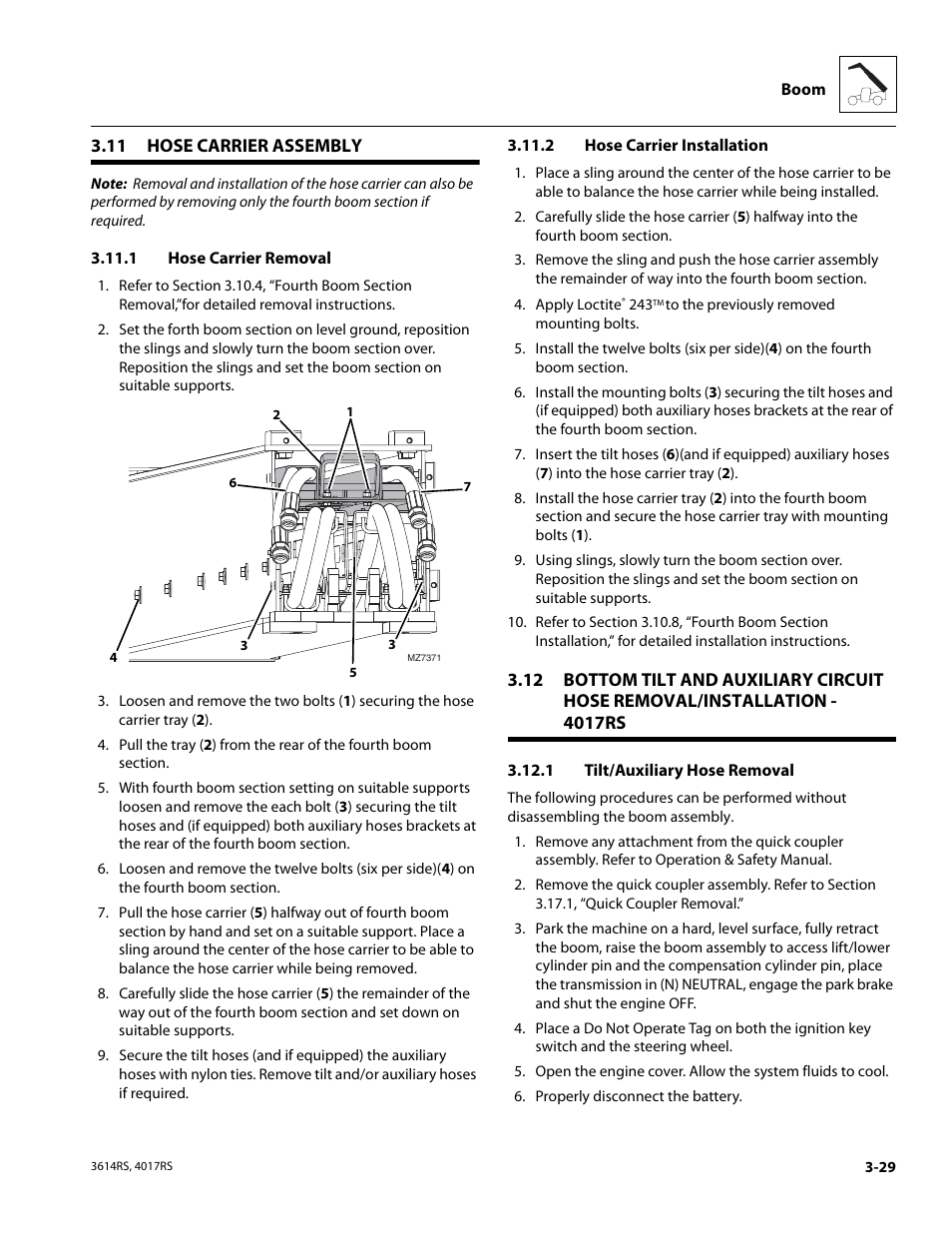 11 hose carrier assembly, 1 hose carrier removal, 2 hose carrier installation | 1 tilt/auxiliary hose removal, Hose carrier assembly, Hose carrier removal, Hose carrier installation, Tilt/auxiliary hose removal | JLG 4017RS Service Manual User Manual | Page 69 / 204