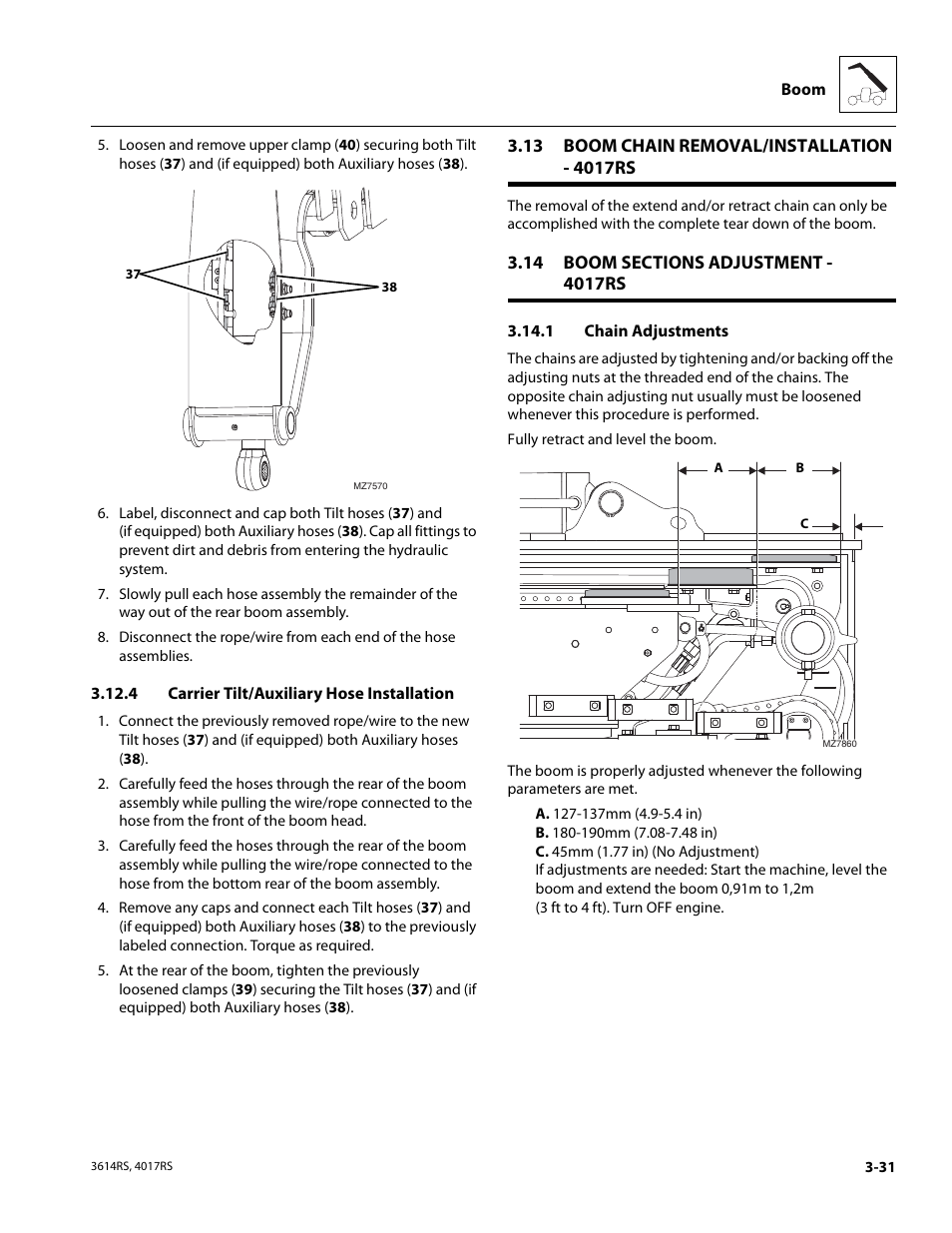 4 carrier tilt/auxiliary hose installation, 13 boom chain removal/installation - 4017rs, 14 boom sections adjustment - 4017rs | 1 chain adjustments, Boom chain removal/installation - 4017rs, Boom sections adjustment - 4017rs, Carrier tilt/auxiliary hose installation, Chain adjustments | JLG 4017RS Service Manual User Manual | Page 71 / 204