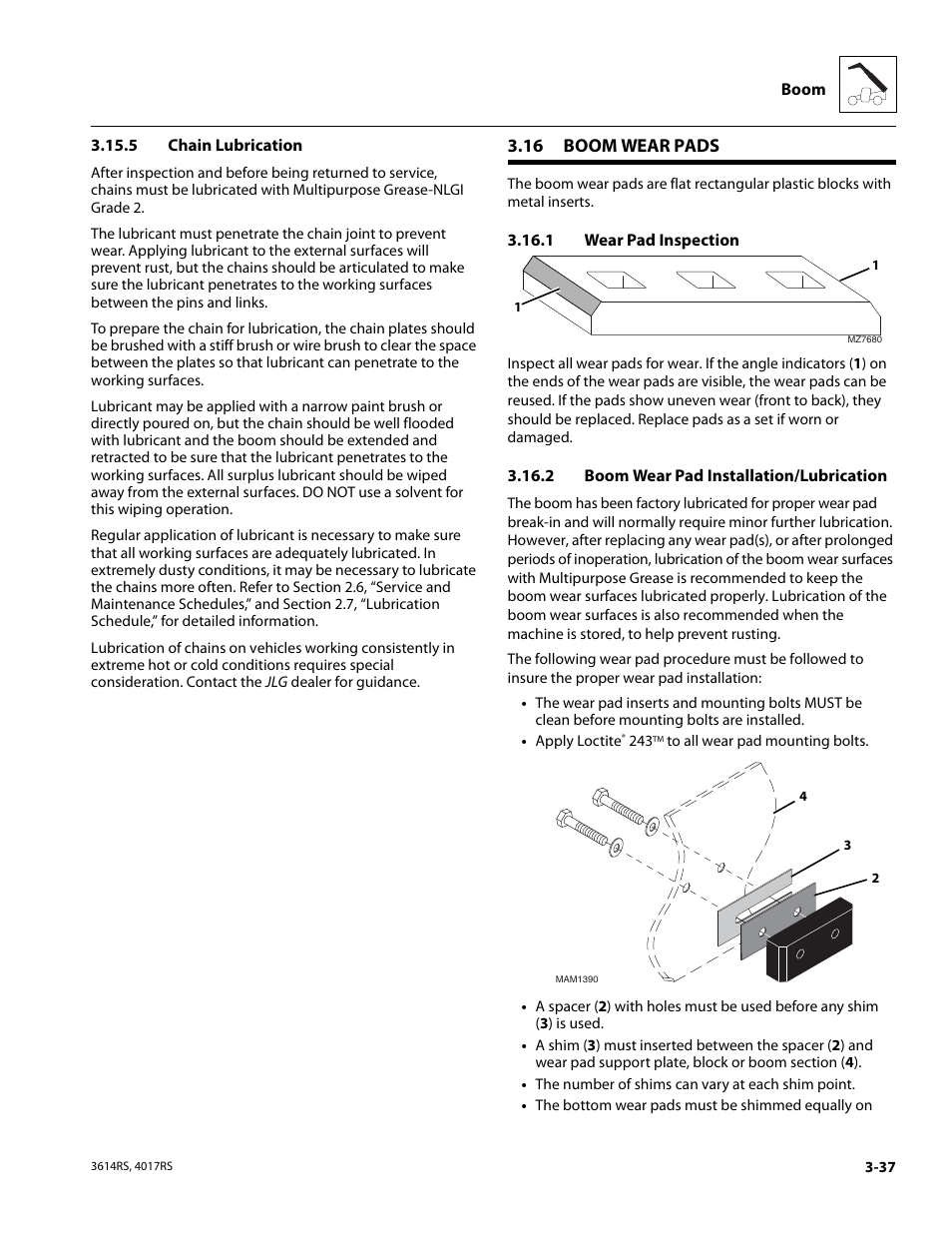 5 chain lubrication, 16 boom wear pads, 1 wear pad inspection | 2 boom wear pad installation/lubrication, Boom wear pads, Chain lubrication, Wear pad inspection, Boom wear pad installation/lubrication | JLG 4017RS Service Manual User Manual | Page 77 / 204