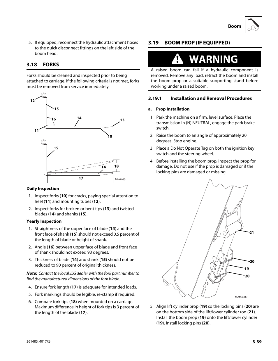 18 forks, 19 boom prop (if equipped), 1 installation and removal procedures | Forks, Boom prop (if equipped), Installation and removal procedures, Warning | JLG 4017RS Service Manual User Manual | Page 79 / 204
