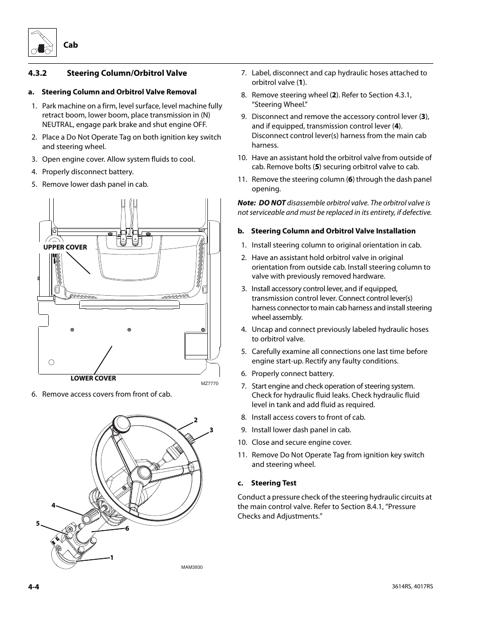 2 steering column/orbitrol valve, Steering column/orbitrol valve | JLG 4017RS Service Manual User Manual | Page 88 / 204