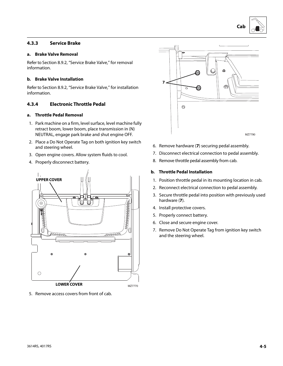 3 service brake, 4 electronic throttle pedal, Service brake | Electronic throttle pedal | JLG 4017RS Service Manual User Manual | Page 89 / 204
