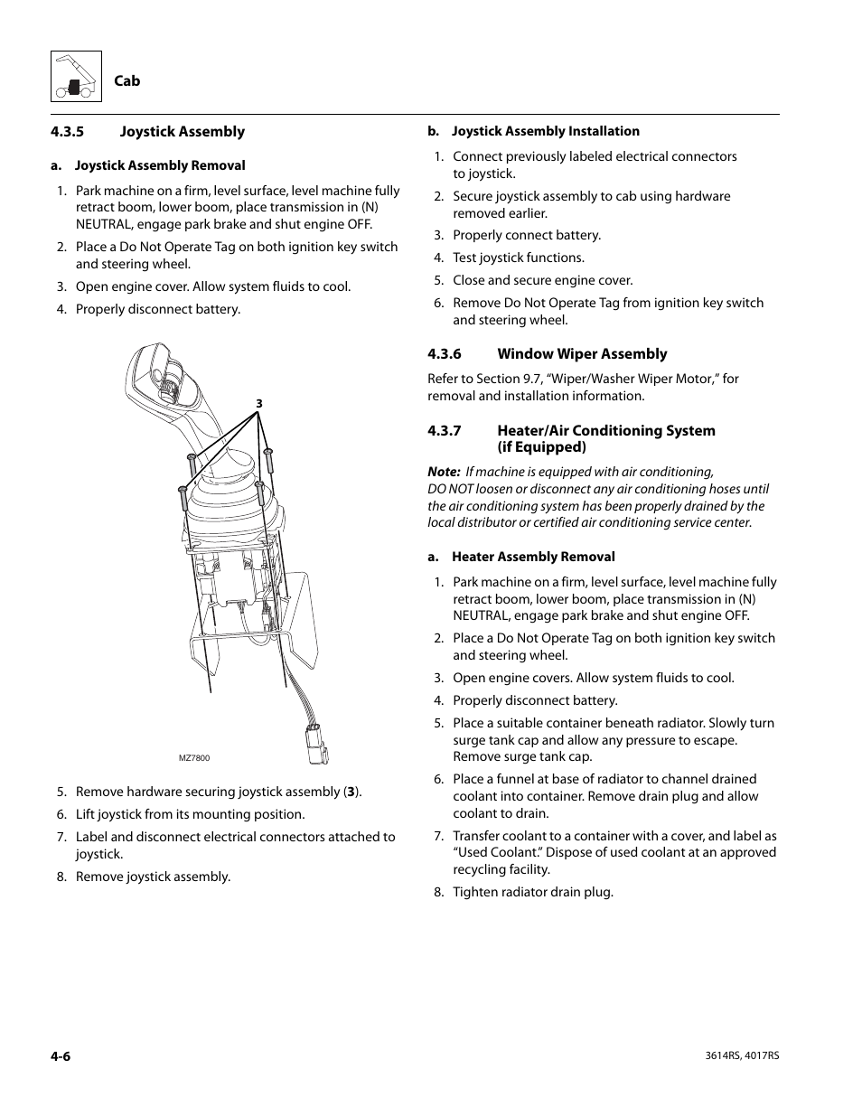 5 joystick assembly, 6 window wiper assembly, 7 heater/air conditioning system (if equipped) | Joystick assembly, Window wiper assembly, Heater/air conditioning system (if equipped) | JLG 4017RS Service Manual User Manual | Page 90 / 204