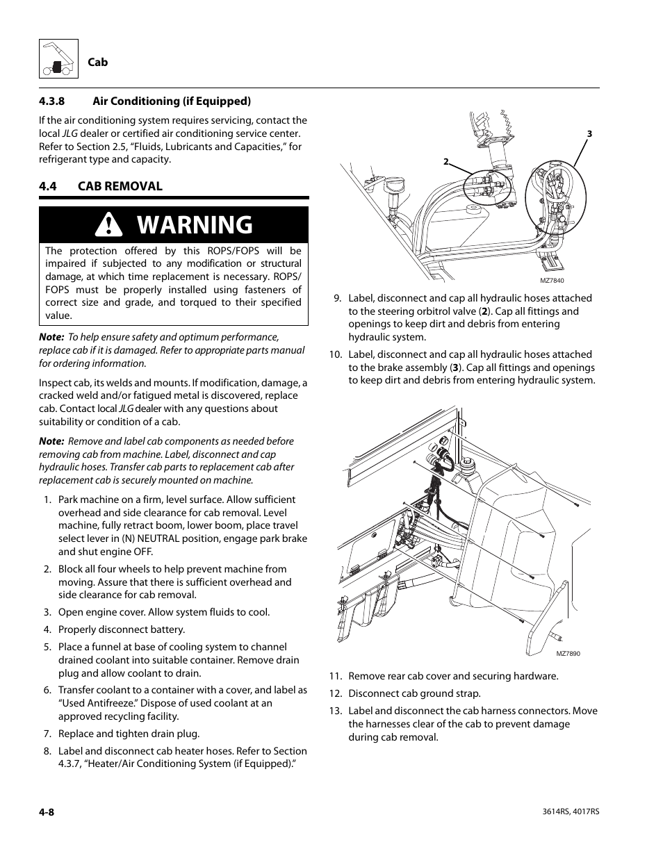 8 air conditioning (if equipped), 4 cab removal, Cab removal | Air conditioning (if equipped), Warning | JLG 4017RS Service Manual User Manual | Page 92 / 204