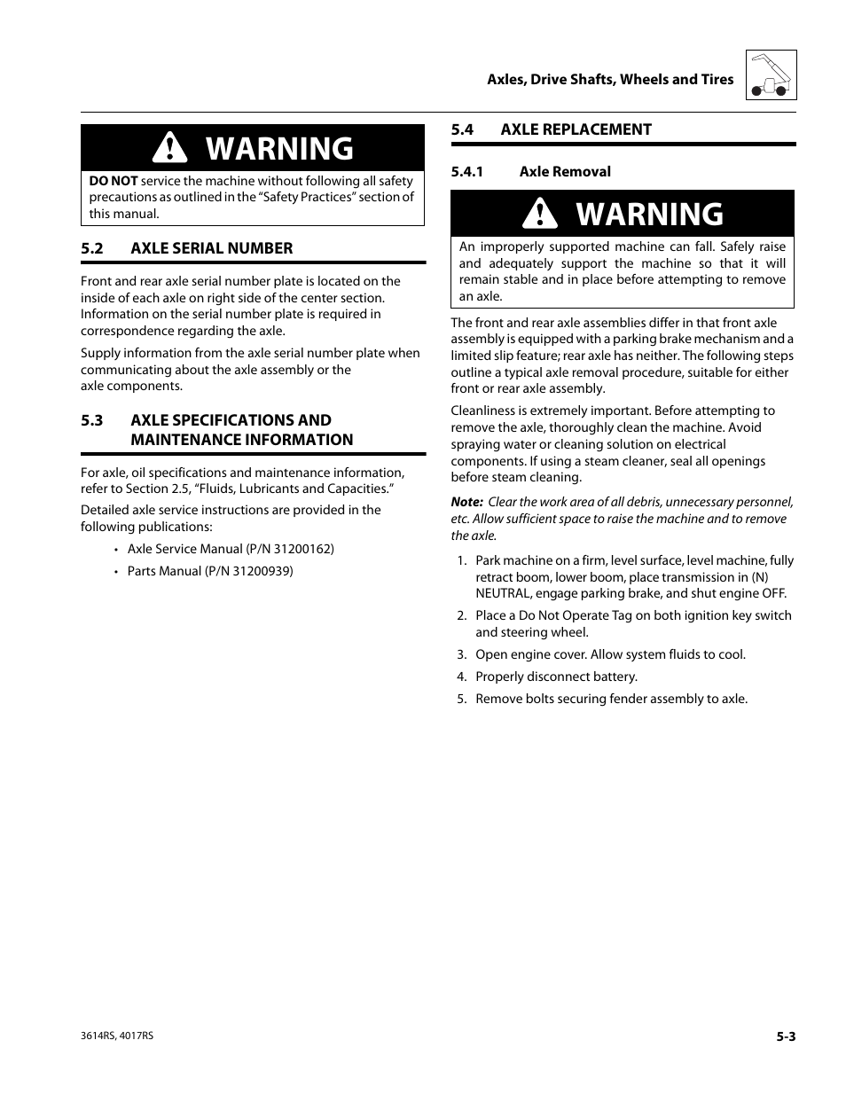 2 axle serial number, 3 axle specifications and maintenance information, 4 axle replacement | 1 axle removal, Axle serial number, Axle specifications and maintenance information, Axle replacement, Axle removal, Warning | JLG 4017RS Service Manual User Manual | Page 97 / 204