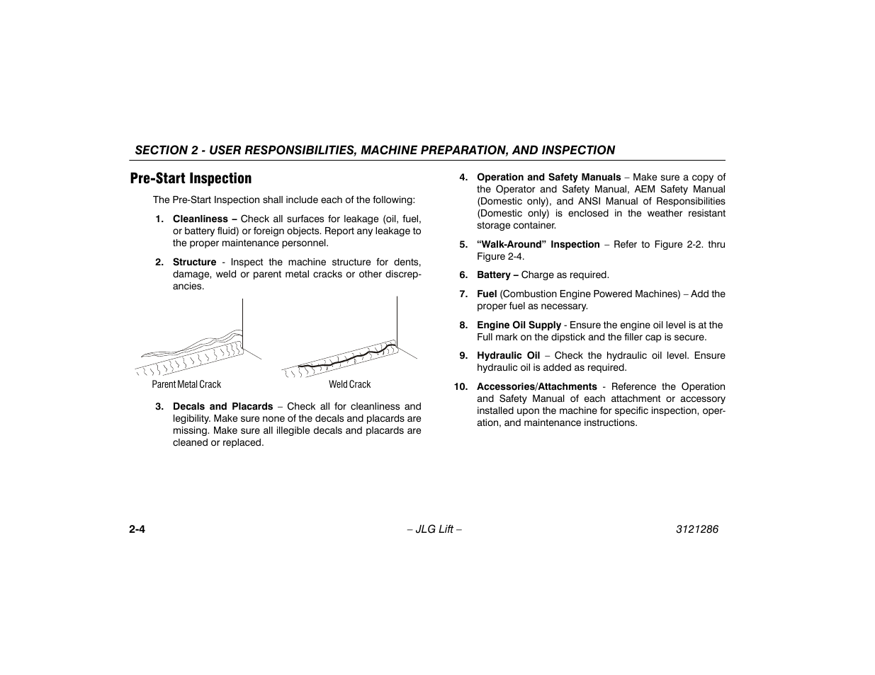 Pre-start inspection, Pre-start inspection -4 | JLG 24RS Operator Manual User Manual | Page 24 / 94