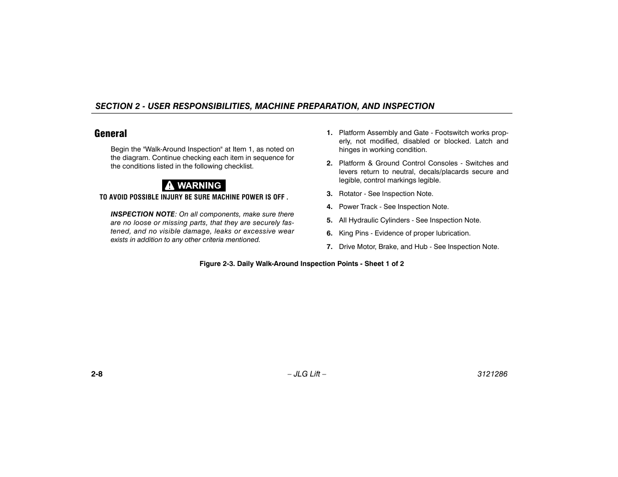 General -8, Daily walk-around inspection points, Sheet 1 of 2 -8 | General | JLG 24RS Operator Manual User Manual | Page 28 / 94
