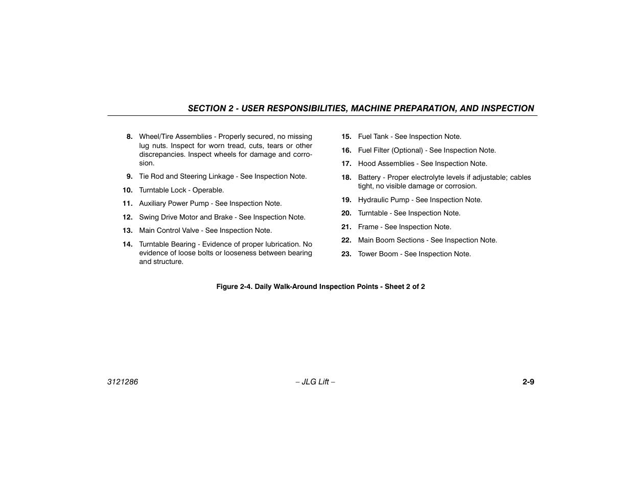 Daily walk-around inspection points, Sheet 2 of 2 -9 | JLG 24RS Operator Manual User Manual | Page 29 / 94