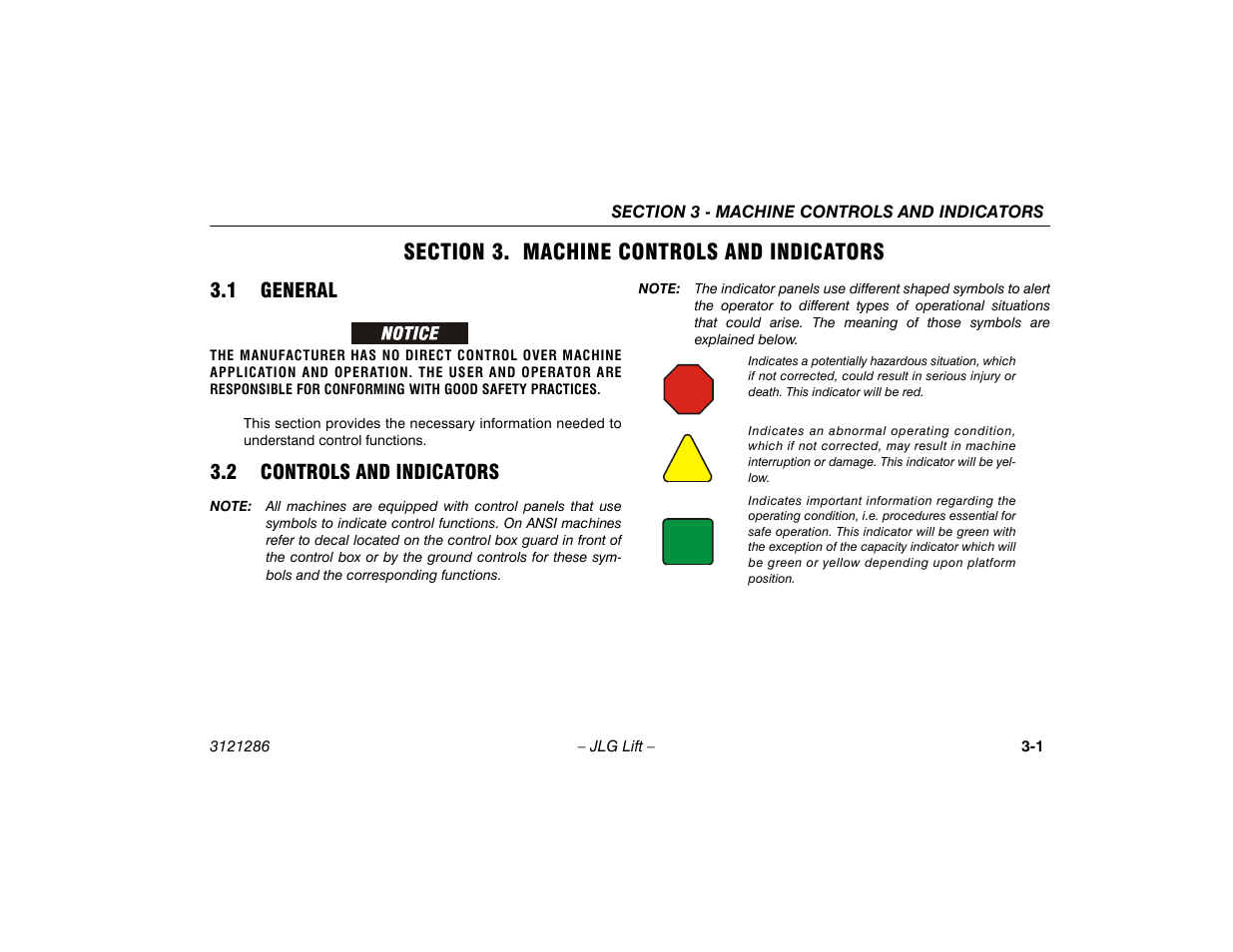 Section 3. machine controls and indicators, 1 general, 2 controls and indicators | Section - 3 - machine controls and indicators, 1 general -1 3.2 controls and indicators -1 | JLG 24RS Operator Manual User Manual | Page 31 / 94