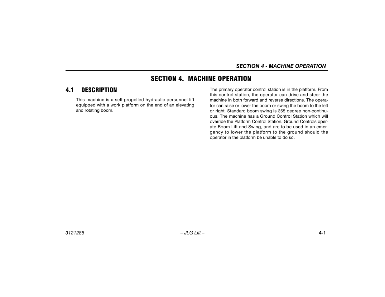 Section 4. machine operation, 1 description, Section - 4 - machine operation | 1 description -1 | JLG 24RS Operator Manual User Manual | Page 45 / 94