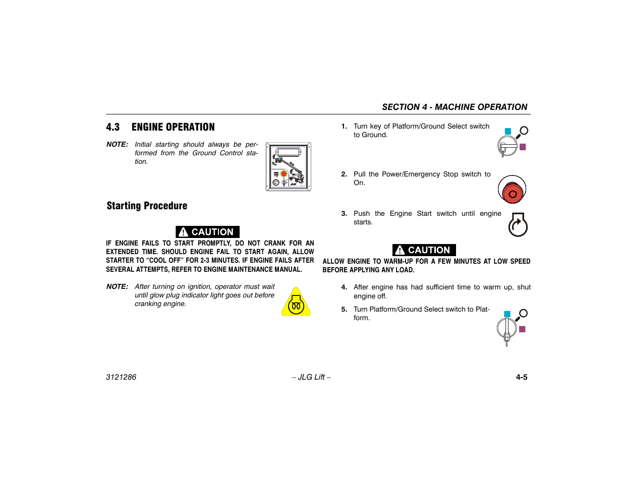 3 engine operation, Starting procedure, 3 engine operation -5 | Starting procedure -5 | JLG 24RS Operator Manual User Manual | Page 49 / 94