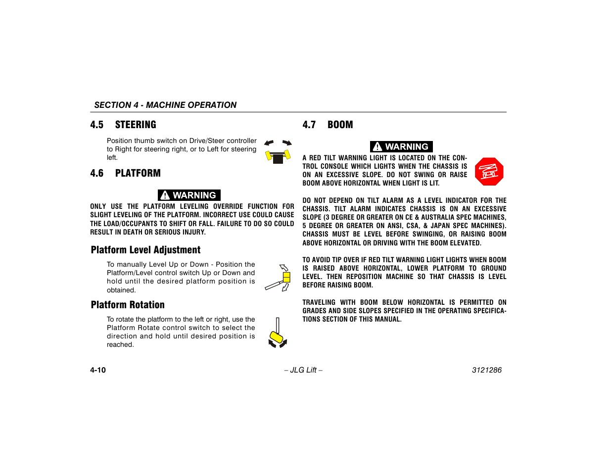 5 steering, 6 platform, Platform level adjustment | Platform rotation, 7 boom, 5 steering -10 4.6 platform -10, Platform level adjustment -10, Platform rotation -10, 7 boom -10 | JLG 24RS Operator Manual User Manual | Page 54 / 94