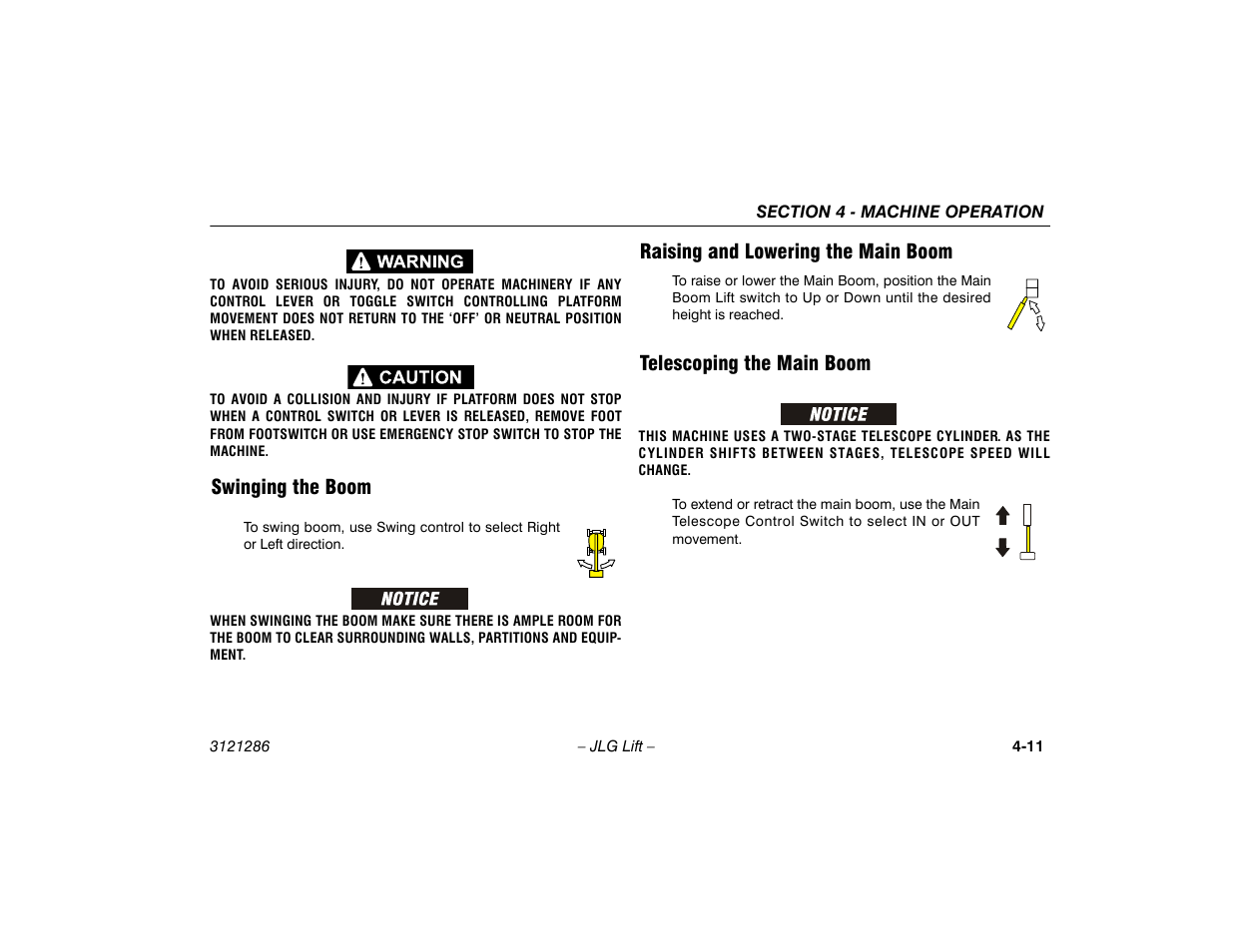 Swinging the boom, Raising and lowering the main boom, Telescoping the main boom | JLG 24RS Operator Manual User Manual | Page 55 / 94