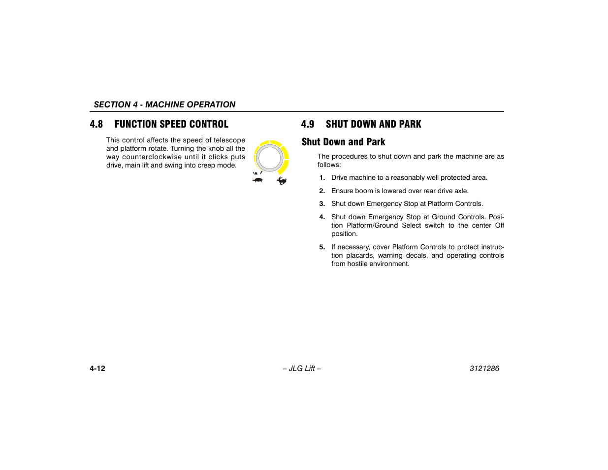 8 function speed control, 9 shut down and park, Shut down and park | Shut down and park -12, 9 shut down and park shut down and park | JLG 24RS Operator Manual User Manual | Page 56 / 94