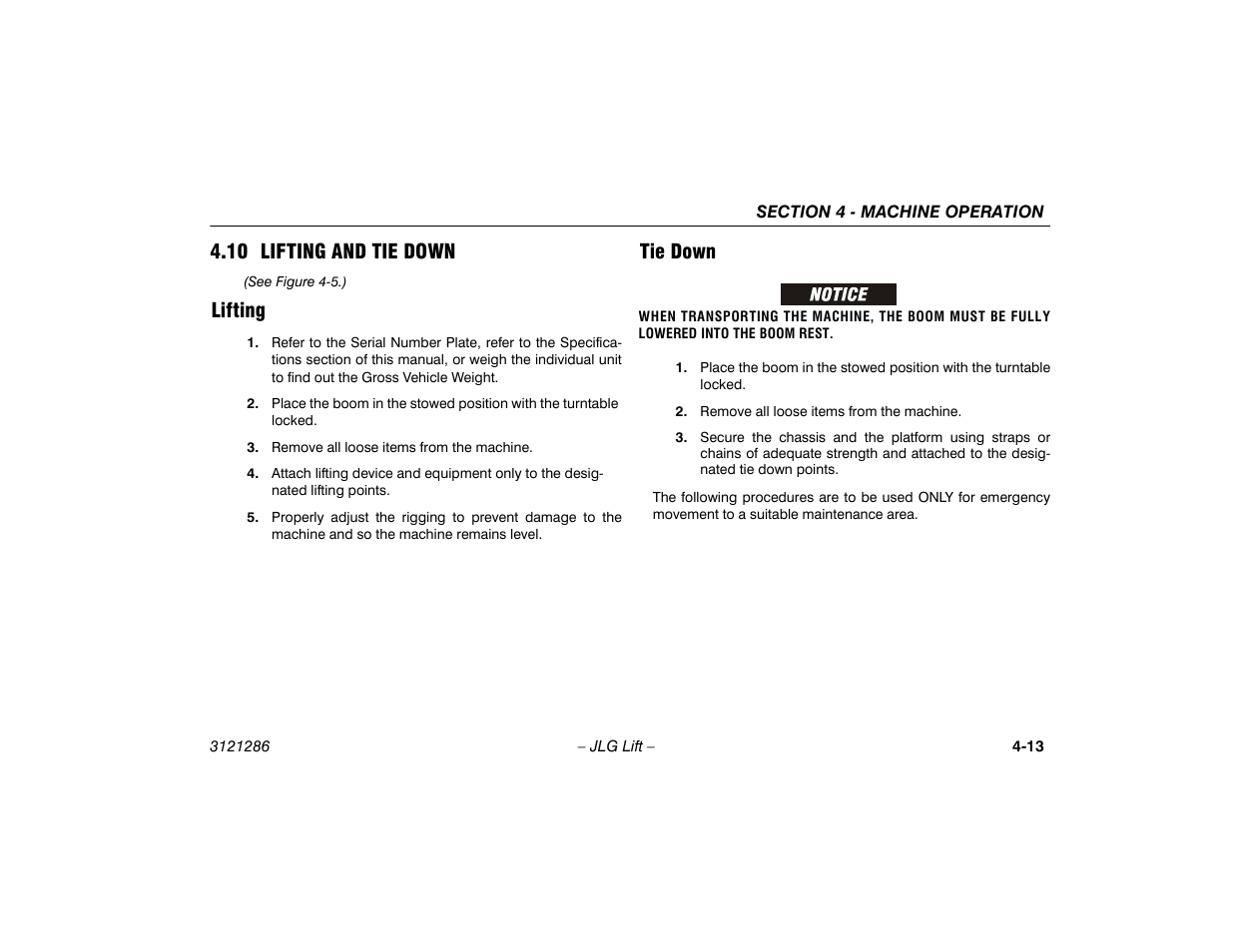 10 lifting and tie down, Lifting, Tie down | 10 lifting and tie down -13, Lifting -13 tie down -13 | JLG 24RS Operator Manual User Manual | Page 57 / 94