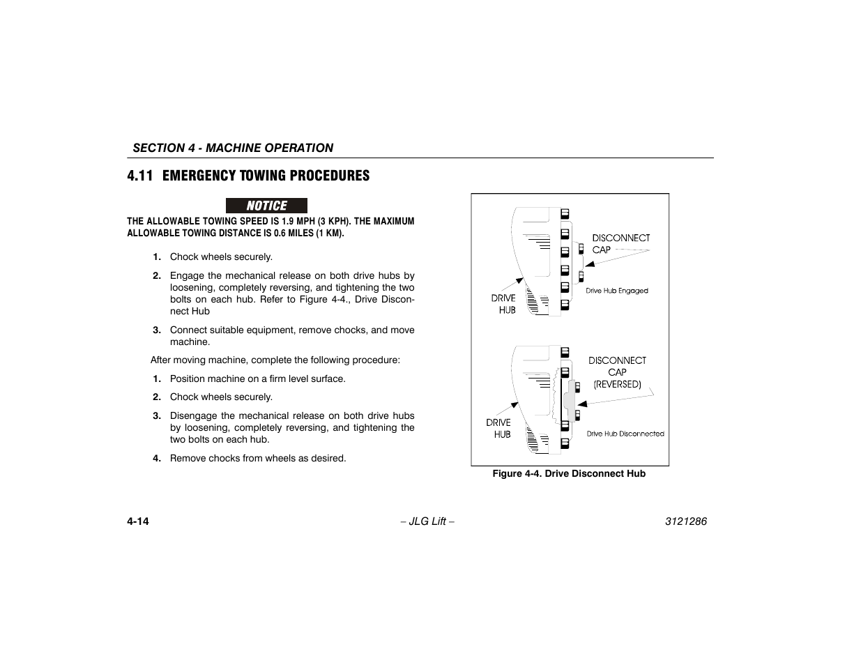 11 emergency towing procedures, 11 emergency towing procedures -14, Drive disconnect hub -14 | JLG 24RS Operator Manual User Manual | Page 58 / 94