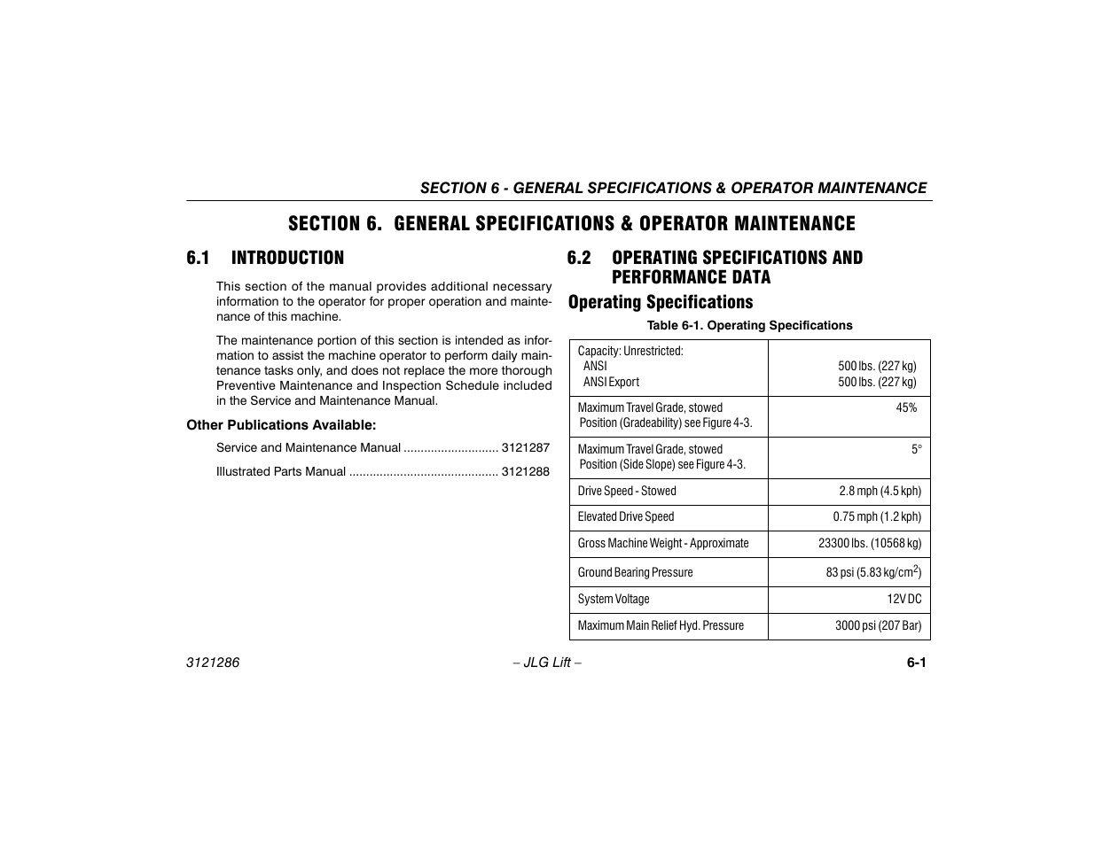 1 introduction, 2 operating specifications and performance data, Operating specifications | Data -1, Operating specifications -1 | JLG 24RS Operator Manual User Manual | Page 73 / 94