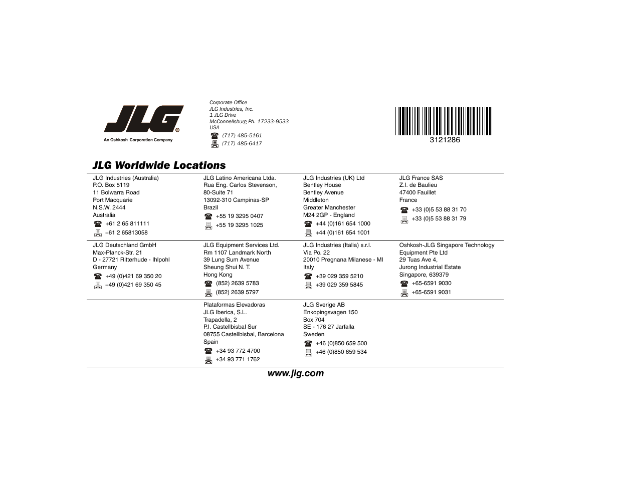 Jlg worldwide locations | JLG 24RS Operator Manual User Manual | Page 94 / 94