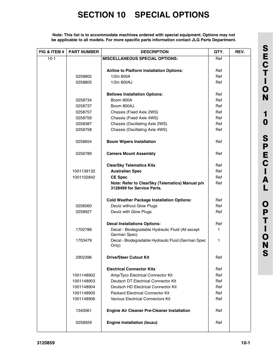 Section 10 special options, Section 10 - special options -1 | JLG 800A_AJ Parts Manual User Manual | Page 249 / 266