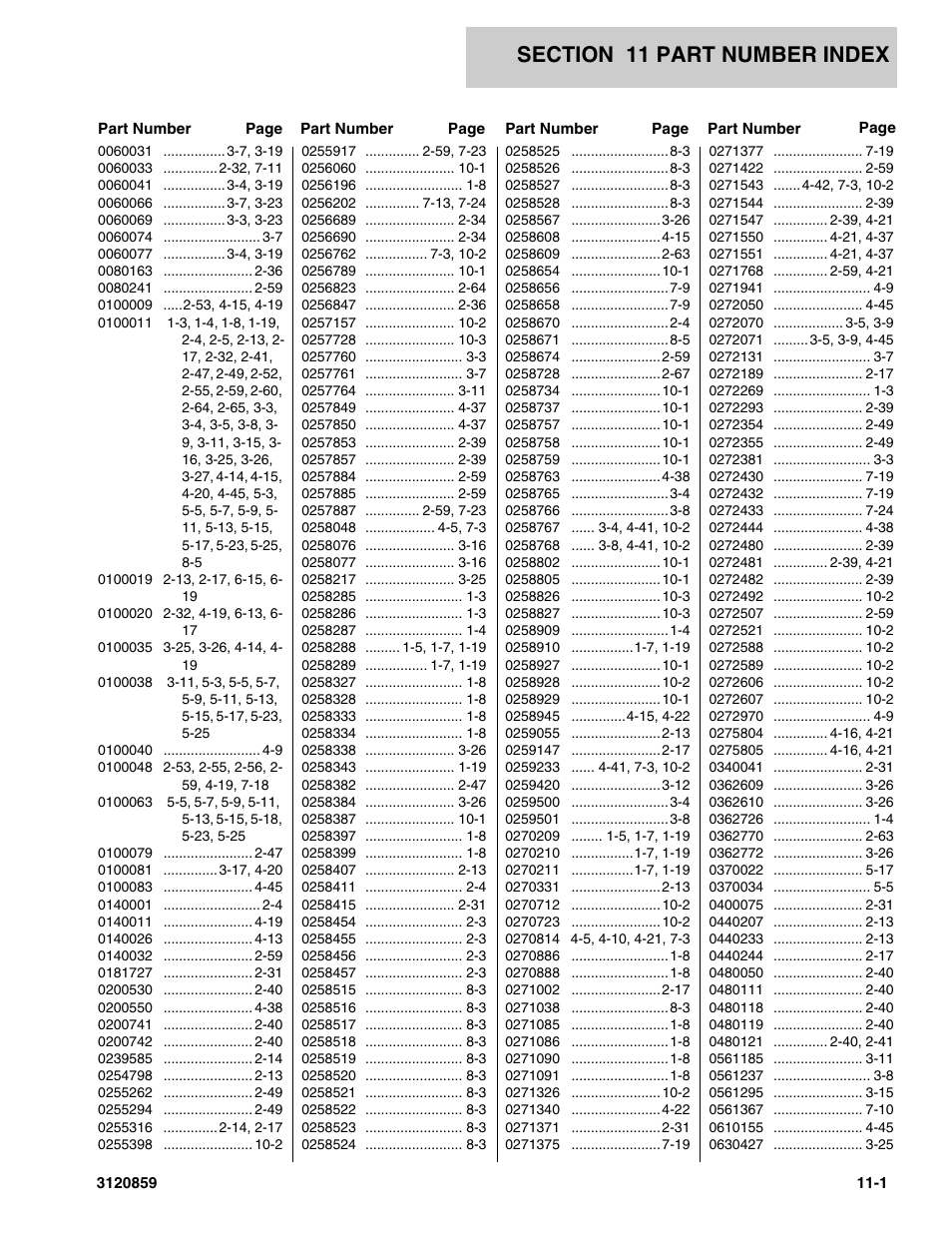 Section 11 part number index, 11 - part number index -1 | JLG 800A_AJ Parts Manual User Manual | Page 253 / 266