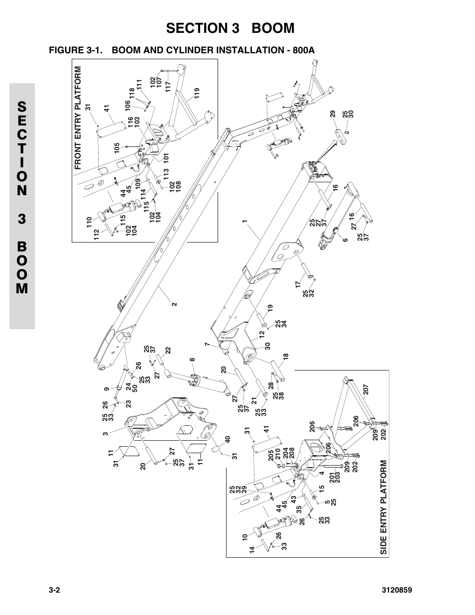 Figure 3-1. boom and cylinder installation - 800a, Boom and cylinder installation - 800a -2 | JLG 800A_AJ Parts Manual User Manual | Page 96 / 266