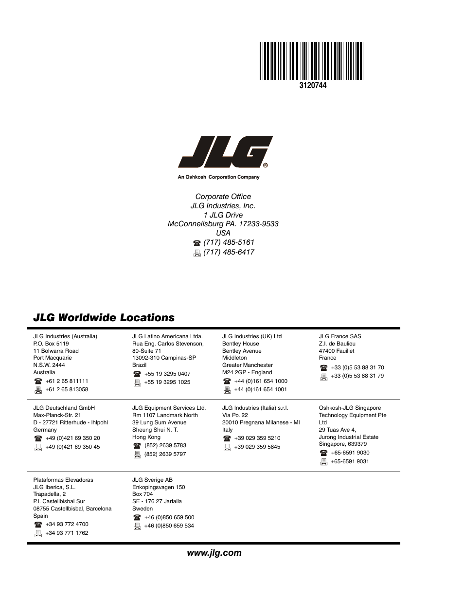 Jlg worldwide locations | JLG 45e ANSI Parts Manual User Manual | Page 224 / 224