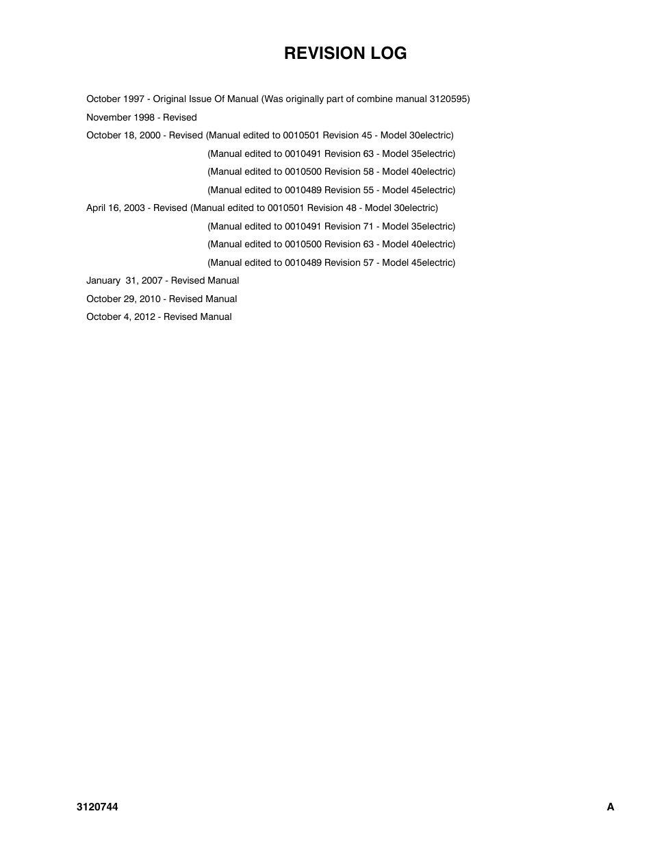 Revision log | JLG 45e ANSI Parts Manual User Manual | Page 3 / 224