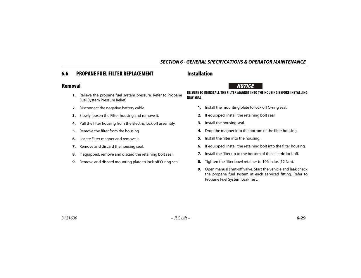 6 propane fuel filter replacement, Removal, Installation | Propane fuel filter replacement -29, Removal -29 installation -29, 6 propane fuel filter replacement removal | JLG 860SJ Operator Manual User Manual | Page 121 / 130